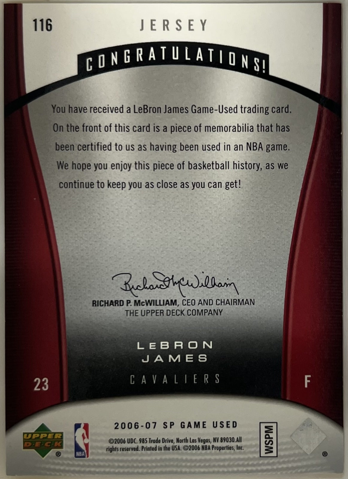 LeBron James SP Game Used 116 NM (Back)