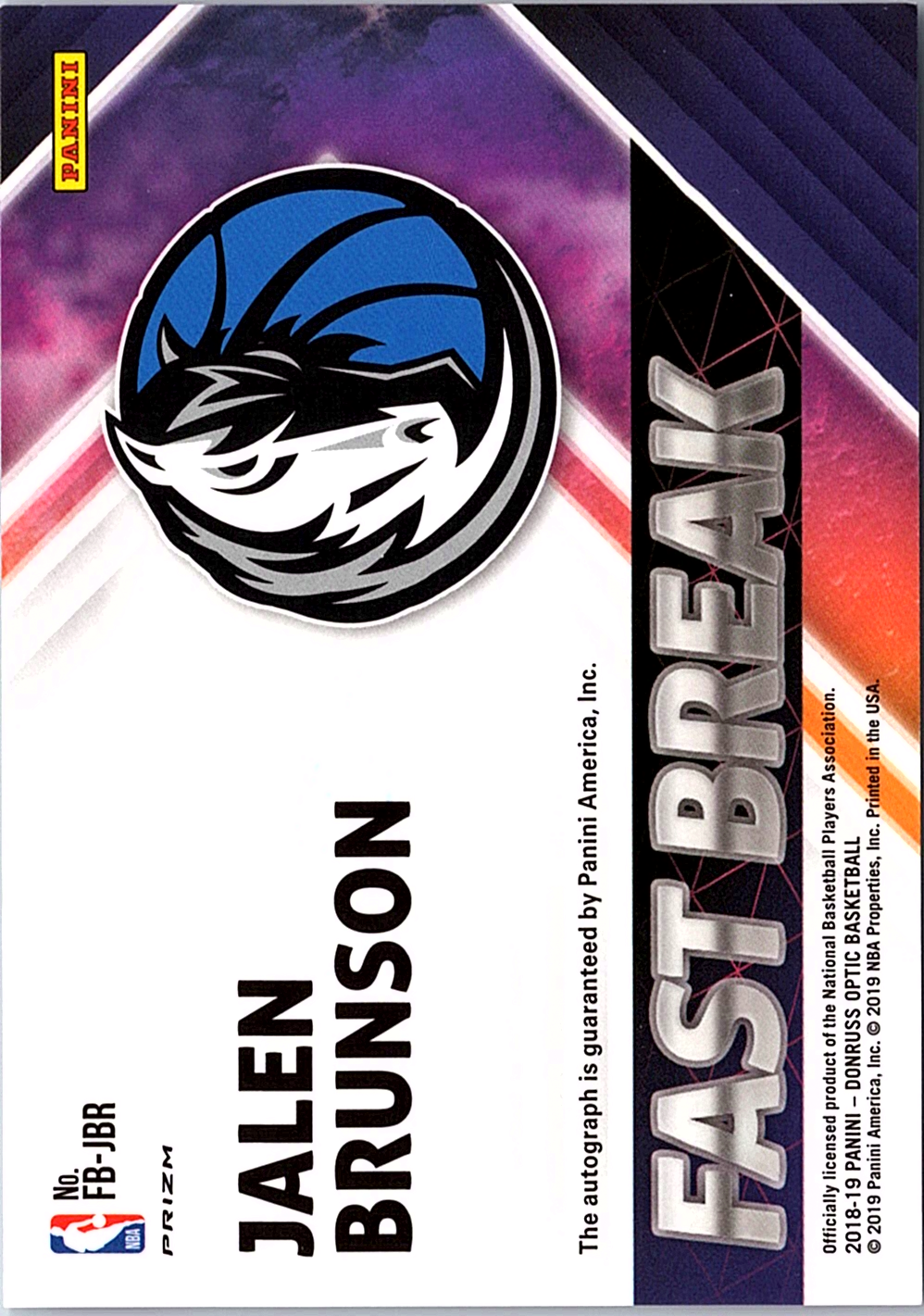 Jalen Brunson Donruss Optic - Fast Break Signatures FB-JBR NM (Back)