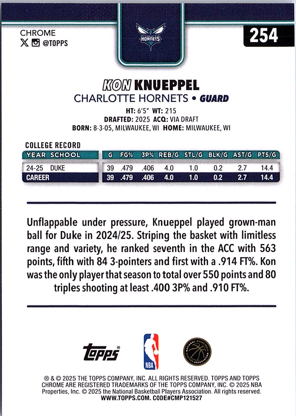 2025-26 Topps Chrome #254 Kon Knueppel Pulsar Refractor