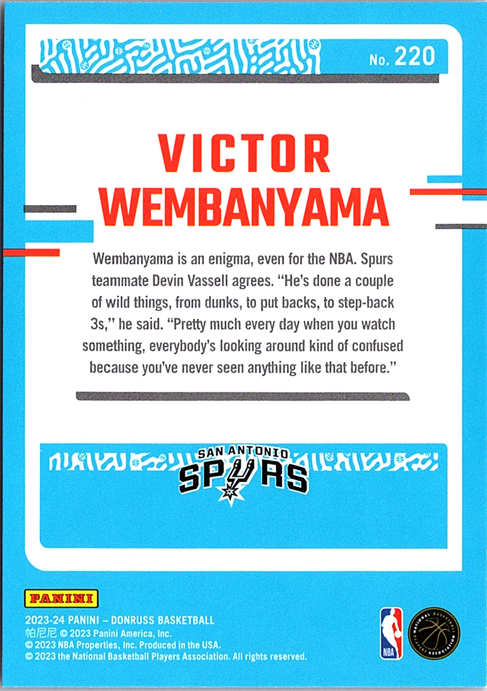 Victor Wembanyama Donruss - Red 220 NM (Back)