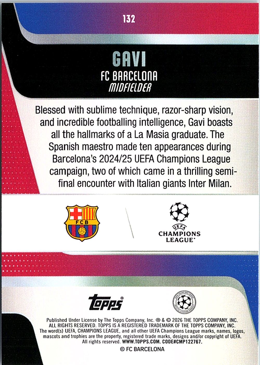 Gavi Topps UEFA Club Competitions - Green Holo 132 NM (Back)