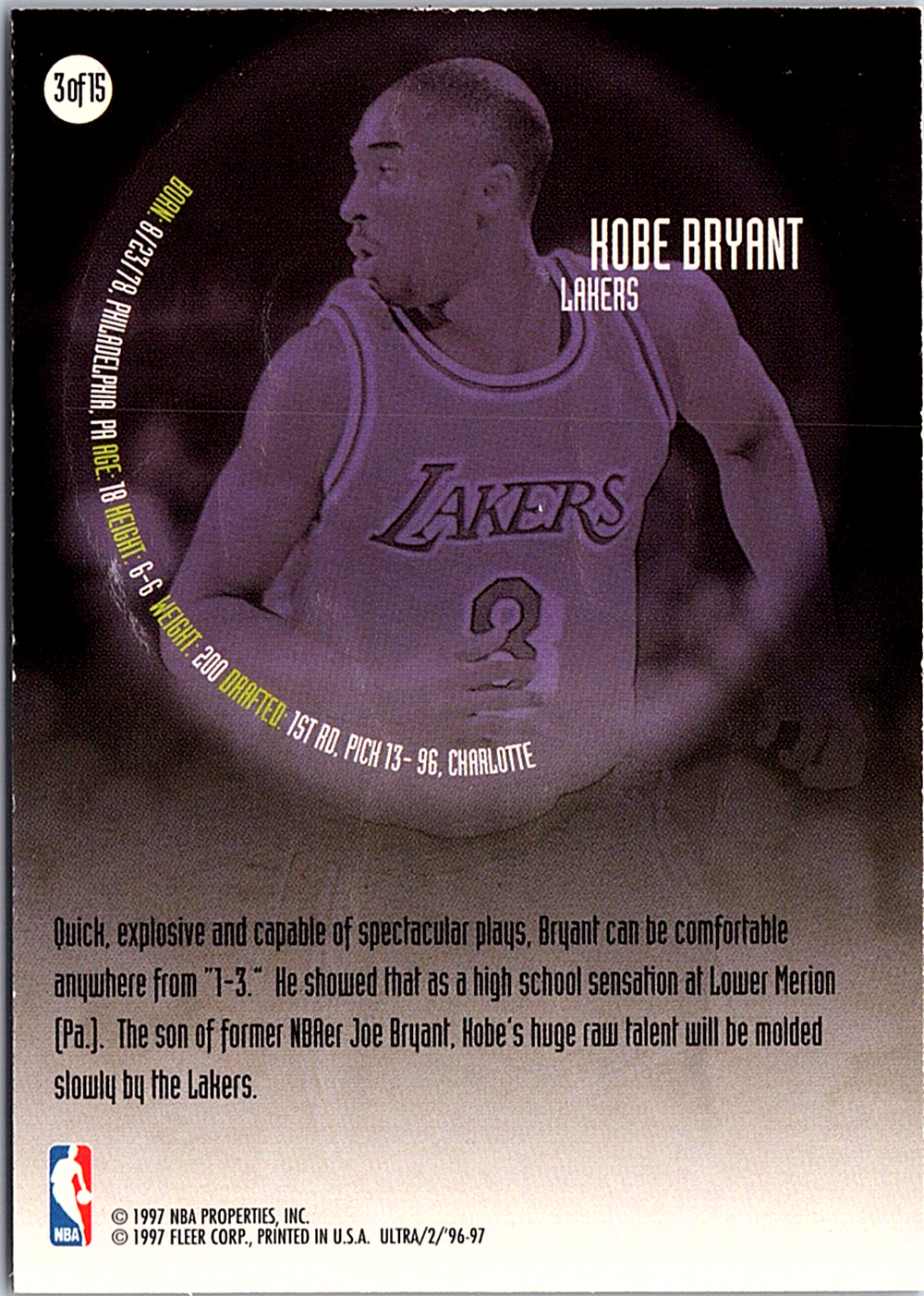 1996-97 Ultra - All-Rookie Kobe Bryant 3 Basketball Los Angeles Lakers (Back)