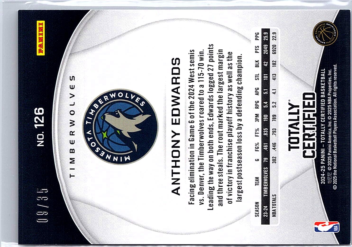 2024-25 Panini Totally Certified #126 Anthony Edwards Mirror Blue Camo Platinum #/35
