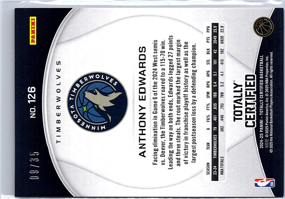 2024-25 Panini Totally Certified #126 Anthony Edwards Mirror Blue Camo Platinum #/35
