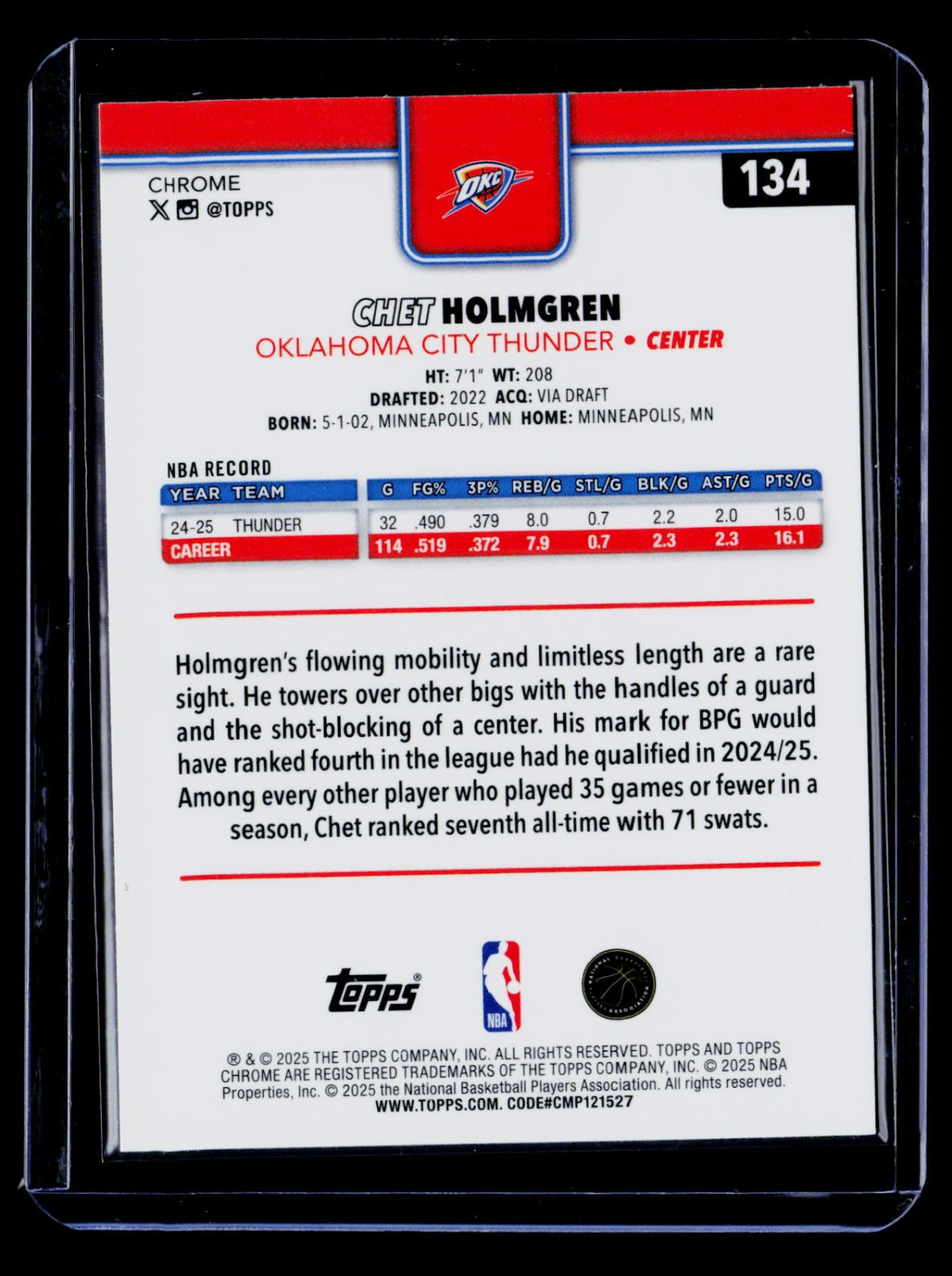 Chet Holmgren Topps Chrome sapphire 134 NM