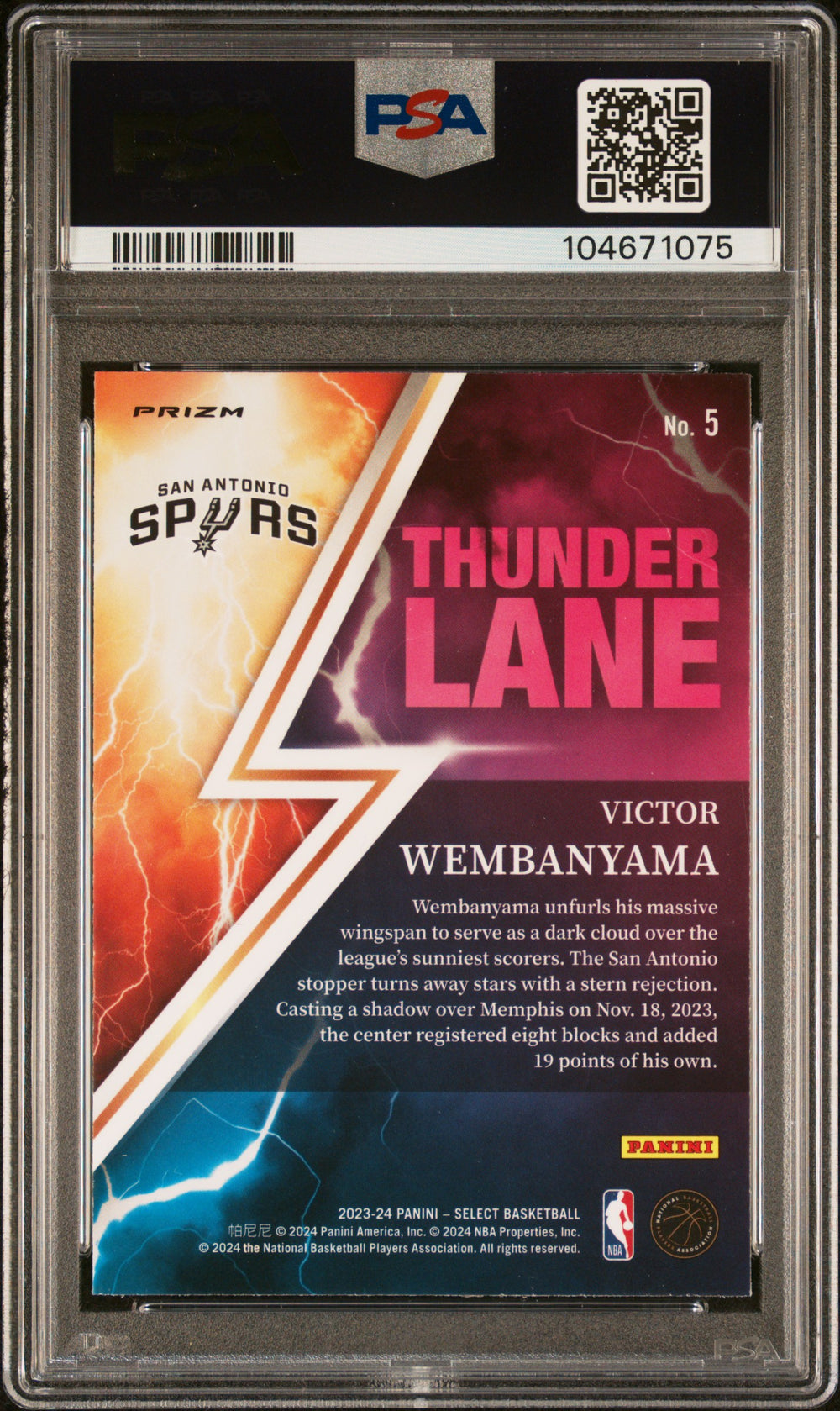 2023 Panini Select Thunder Lane #5 Victor Wembanyama Thunder Lane-Silver Prizm PSA 9