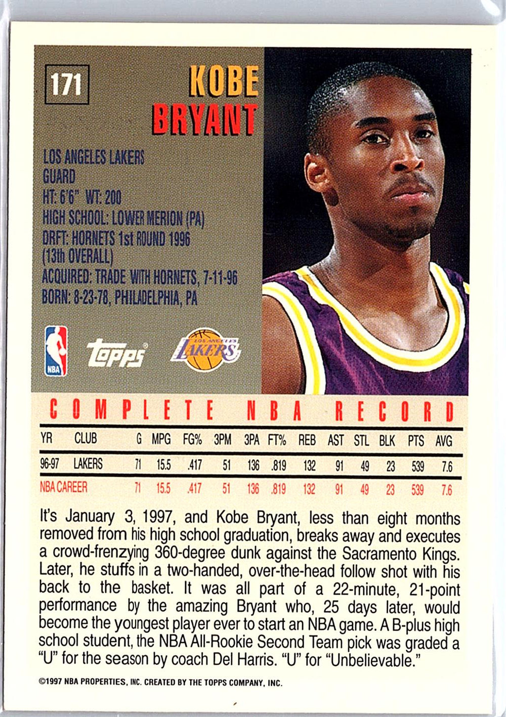 1997-98 Topps #171 Kobe Bryant