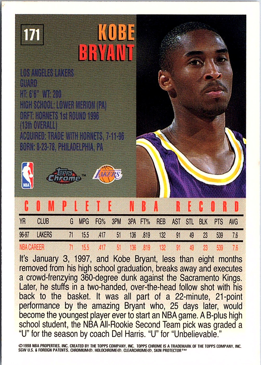 1997-98 Topps Chrome Kobe Bryant 171 Los Angeles Lakers (Back)