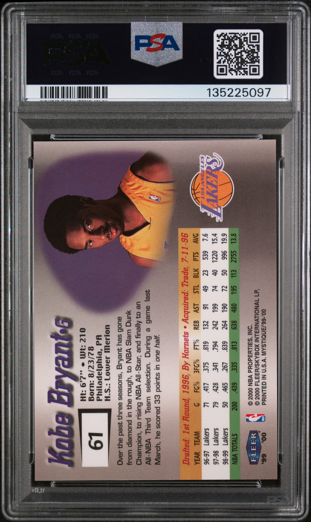 1999 Fleer Mystique #61 Kobe Bryant PSA 9