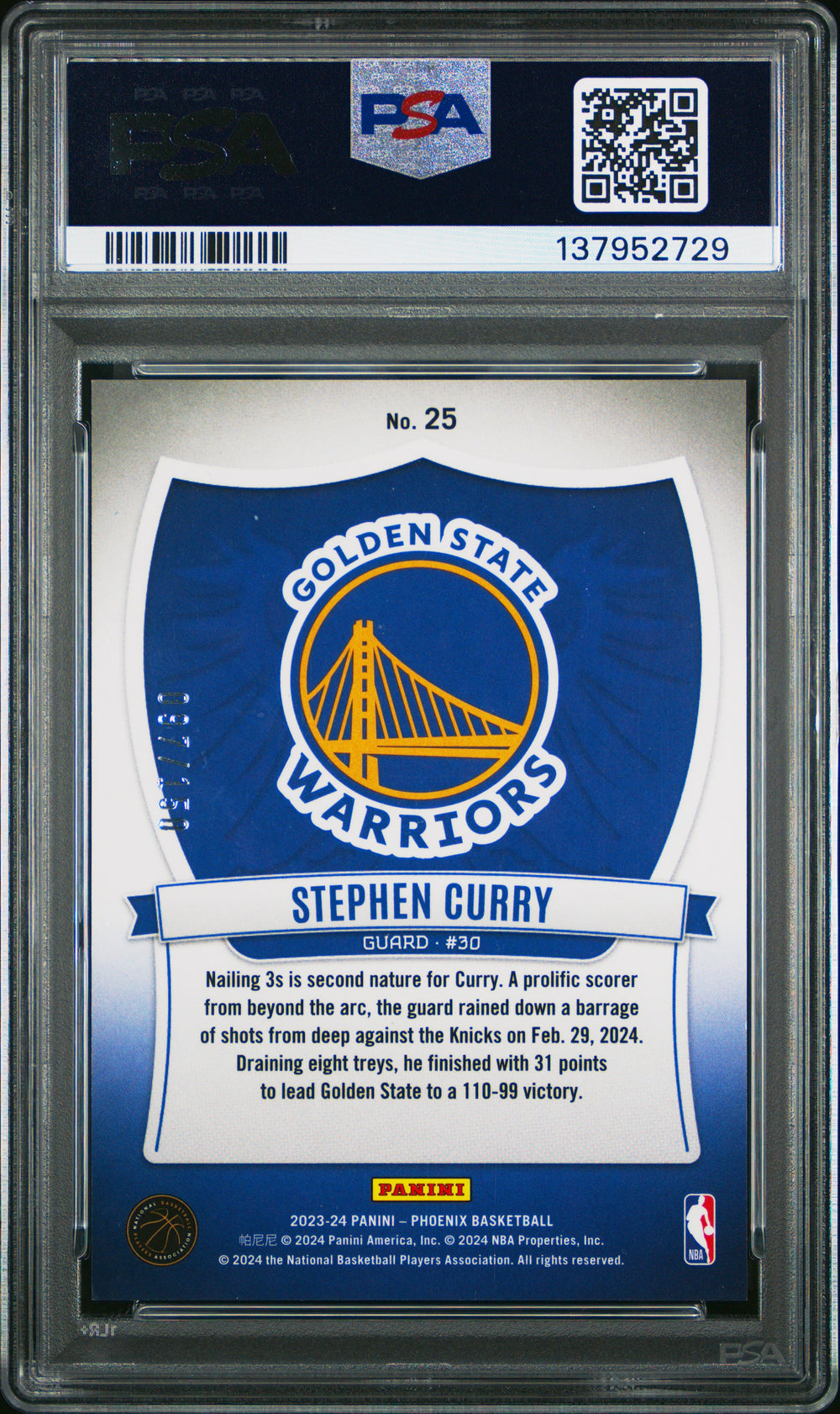 2023 Panini Phoenix Crusade #25 Stephen Curry Crusade-White Lazer PSA 9