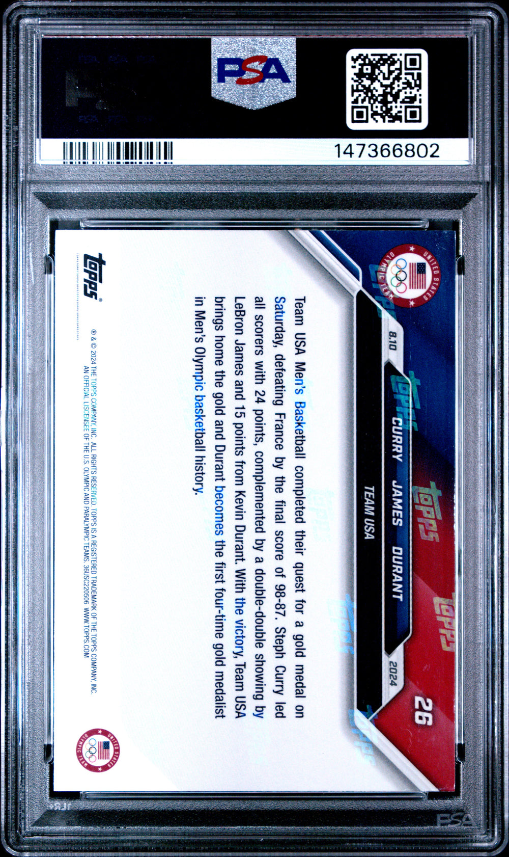 2024 Topps Now Olympic Games #26 Curry/James/Durant PSA 9