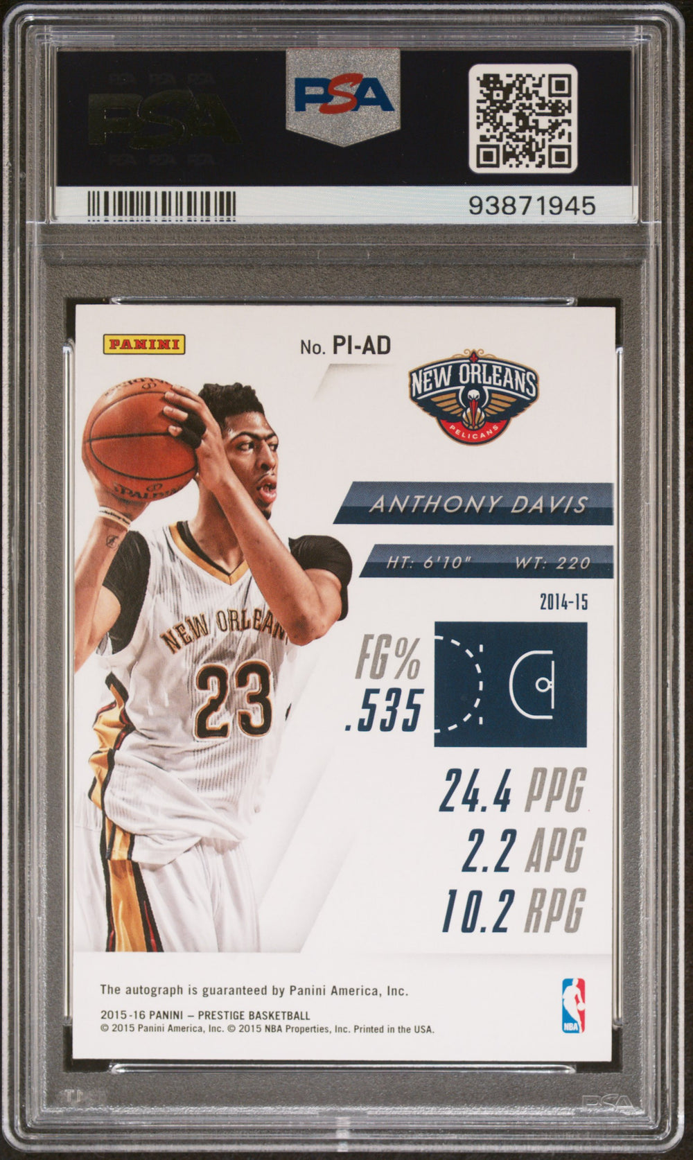 2015 Panini Prestige Preeminent Ink #PI-AD Anthony Davis Preeminent Ink PSA 9