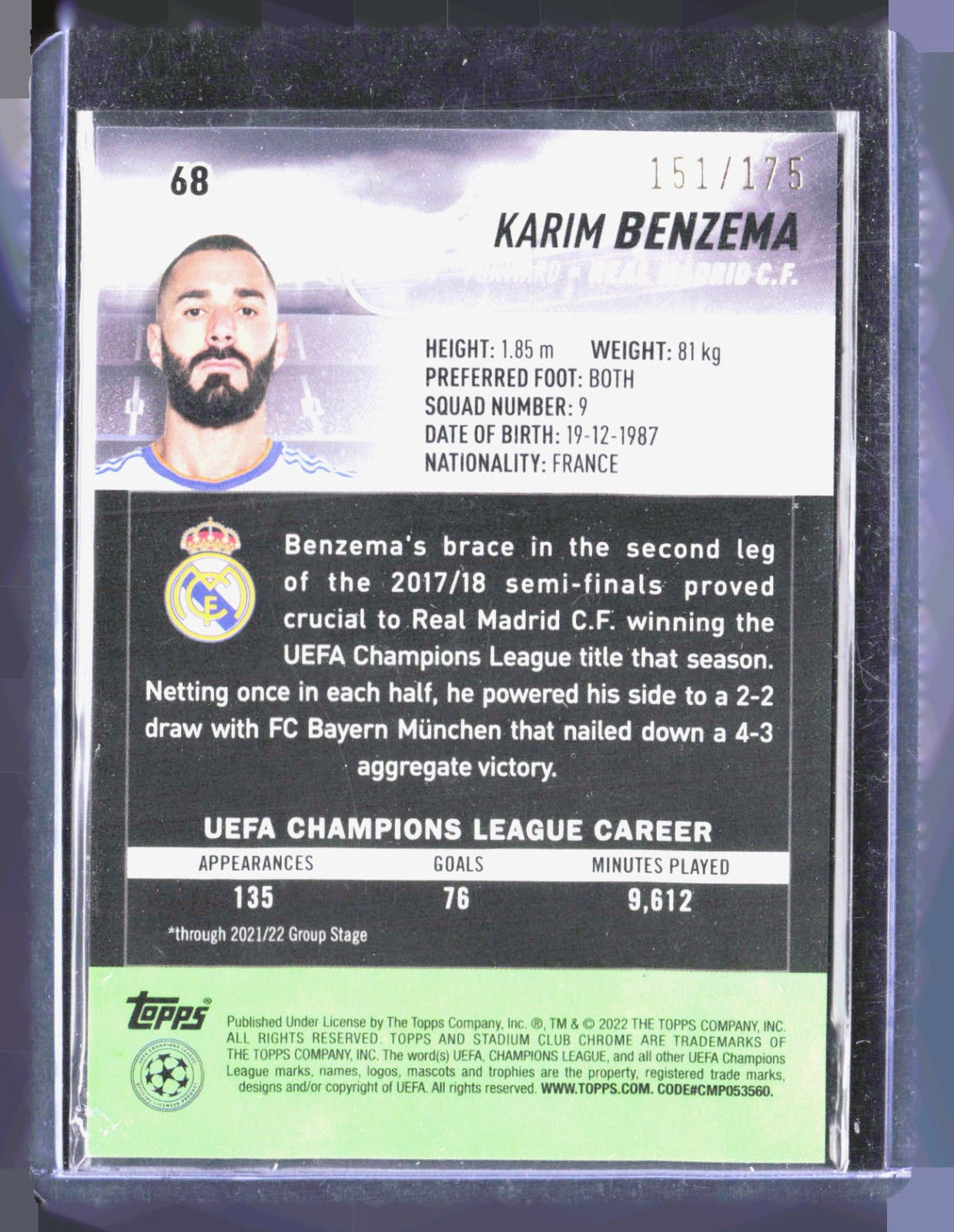 2021-22 Stadium Club Chrome UEFA UCL - Night Vision Prism Refractor Benzema/175