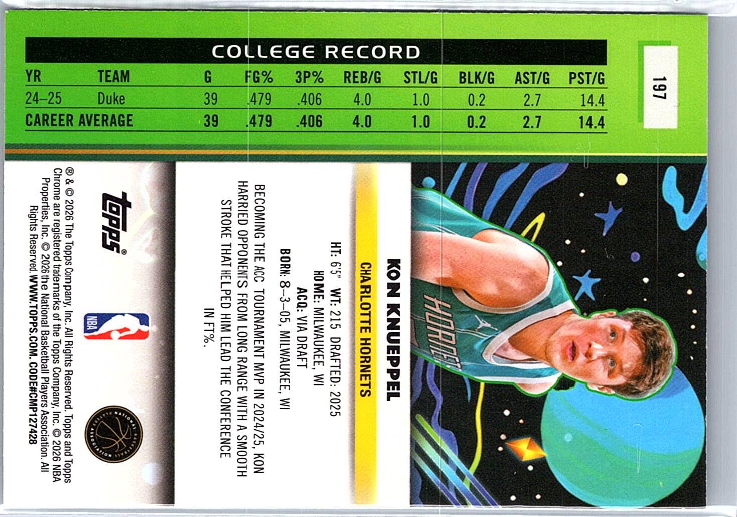 2025-26 Topps Chrome Cosmic #197 Kon Knueppel RC