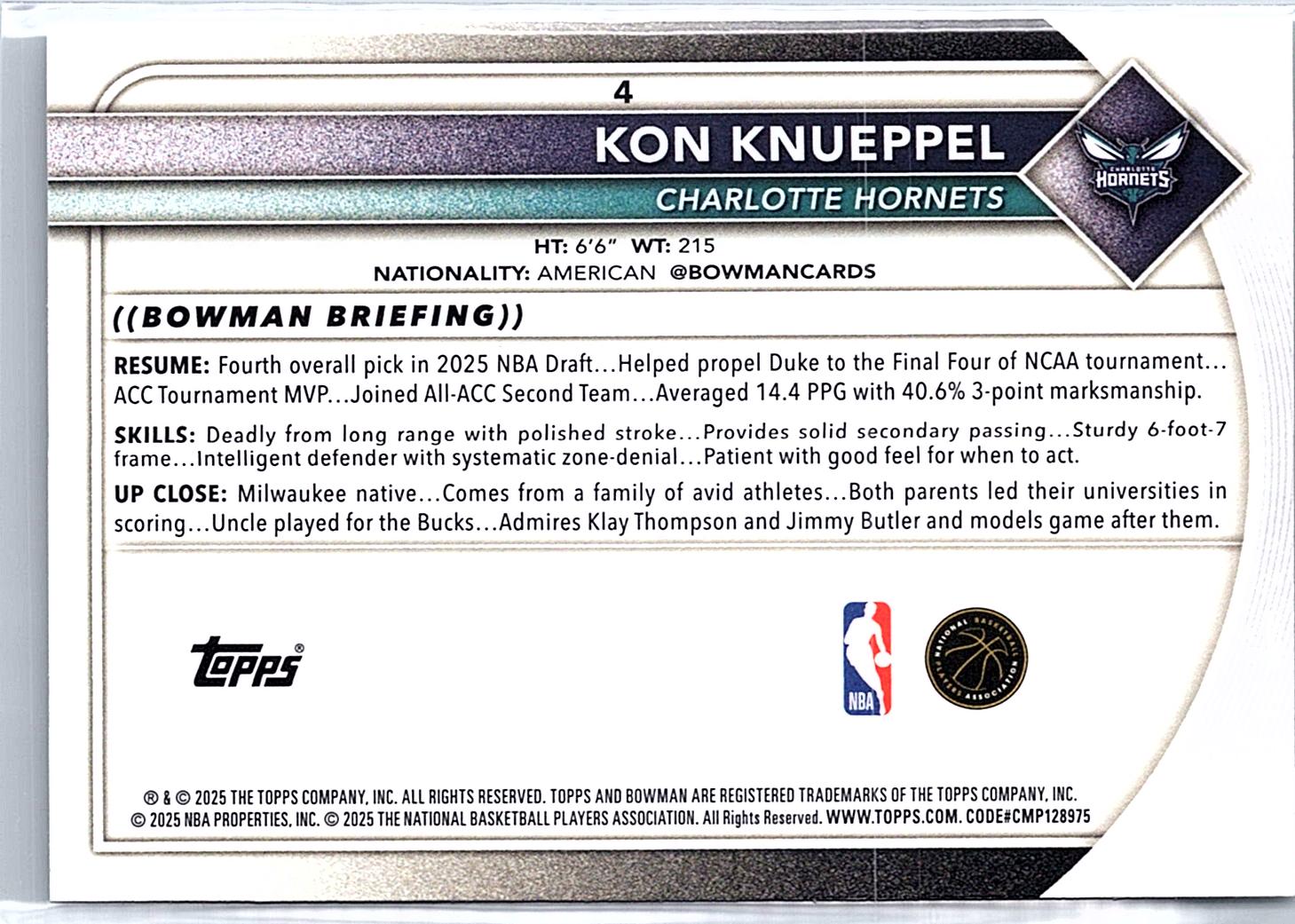 2025-26 Bowman #4 Kon Knueppel RC