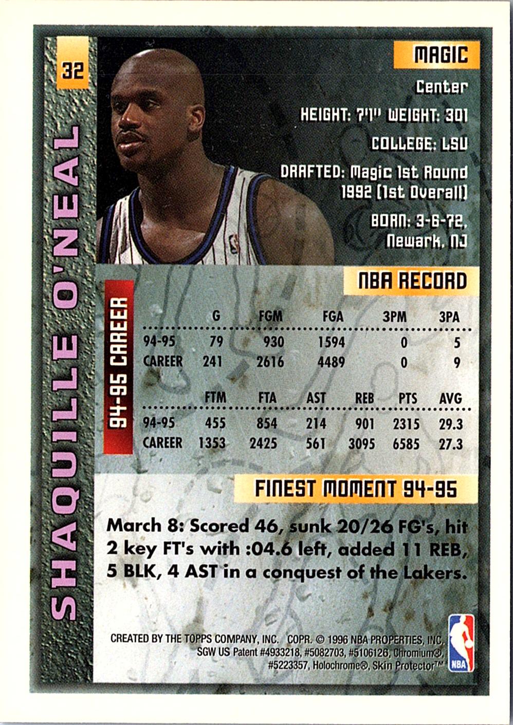 1995-96 Finest #32 Shaquille O'Neal