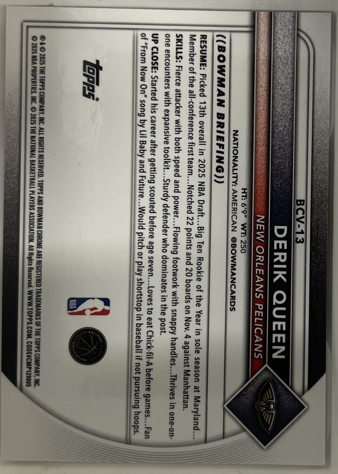 Derik Queen Bowman - Chrome Purple Mojo Refractors BCV-13 NM (Back)