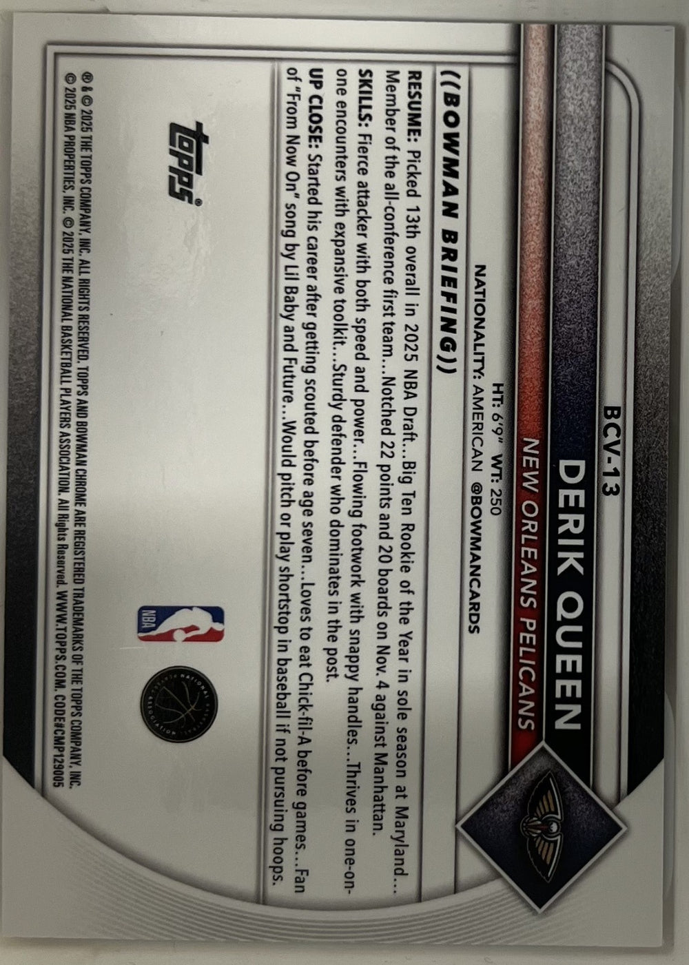 Derik Queen Bowman - Chrome Purple Mojo Refractors BCV-13 NM (Back)