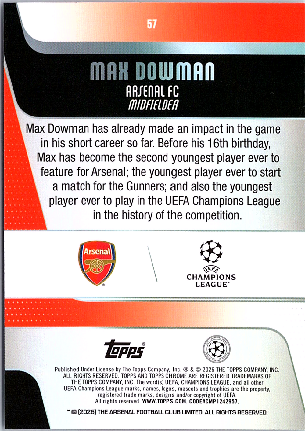 2025-26 Topps Arsenal Team Set Max Dowman 7 Soccer Arsenal FC (Back)