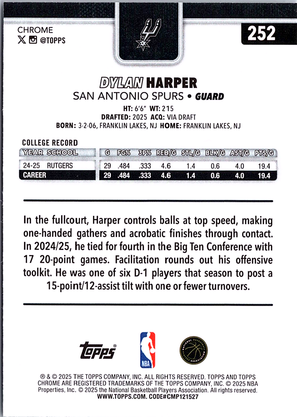 Dylan Harper Topps Chrome - RayWave Refractor 252 NM (Back)