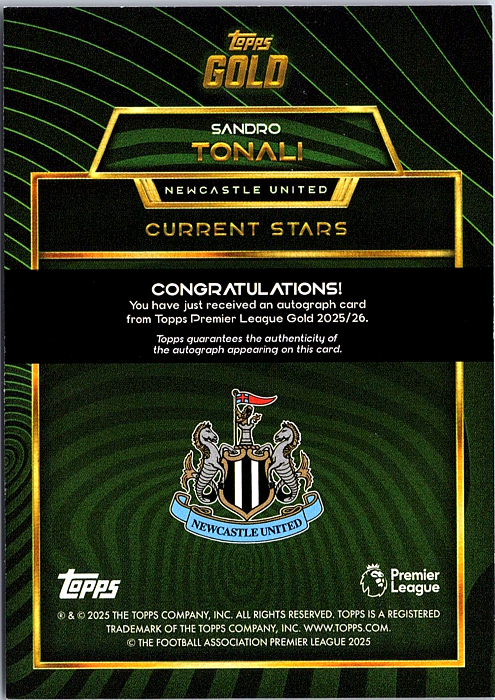 2025-26 Topps Gold Premier League Sandro Tonali Auto Current Stars NM /75 (Back)