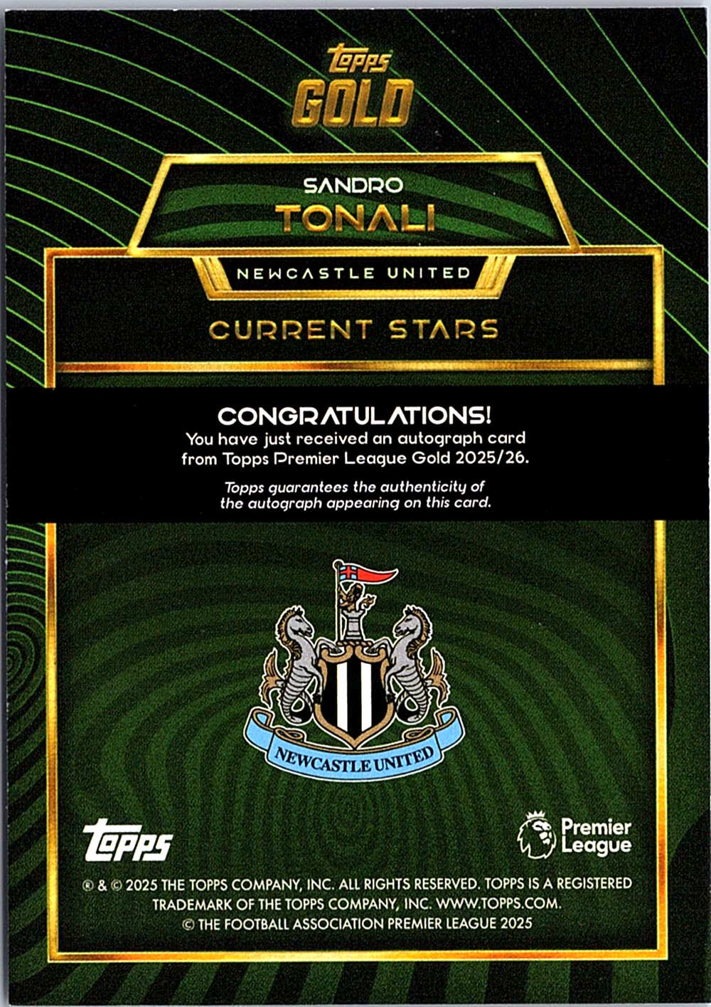 2025-26 Topps Gold Premier League Sandro Tonali Auto Current Stars NM /75 (Back)
