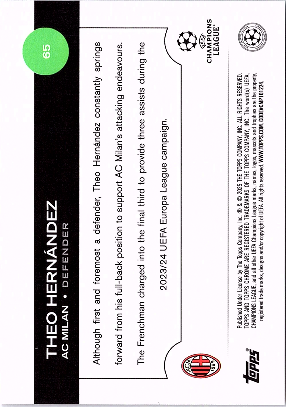 Theo Hernández Topps UEFA Club Competitions - Orange Foil 65 NM (Back)