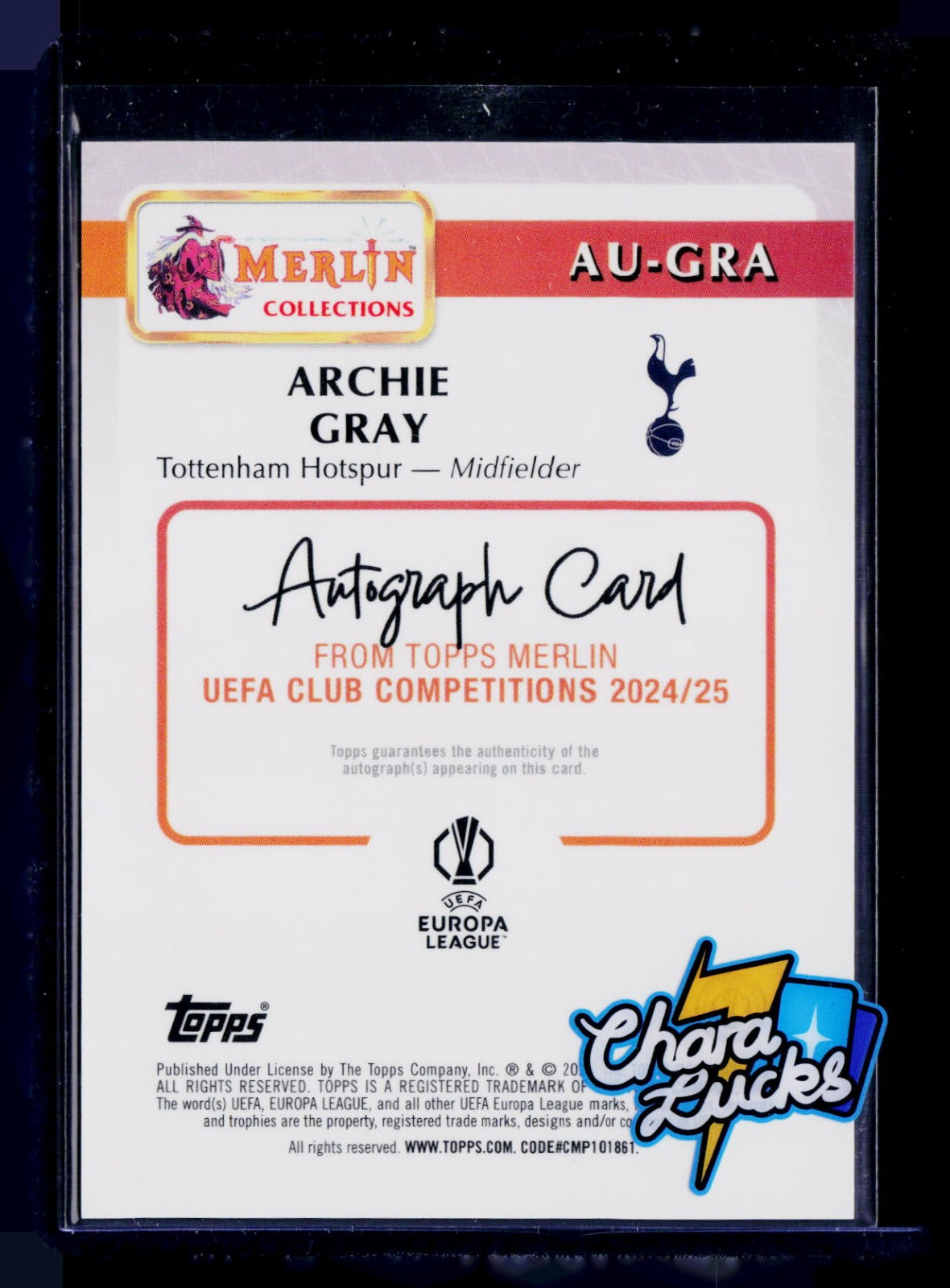 2024-25 Topps Merlin Uefa Archie Gray RC Auto Blue Refractor /75