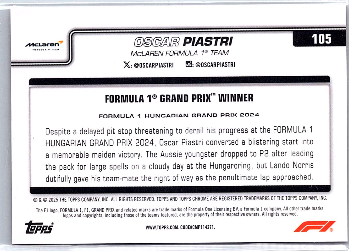 2025 Topps Chrome Formula 1 #105 Oscar Piastri Orange Refractor #/25