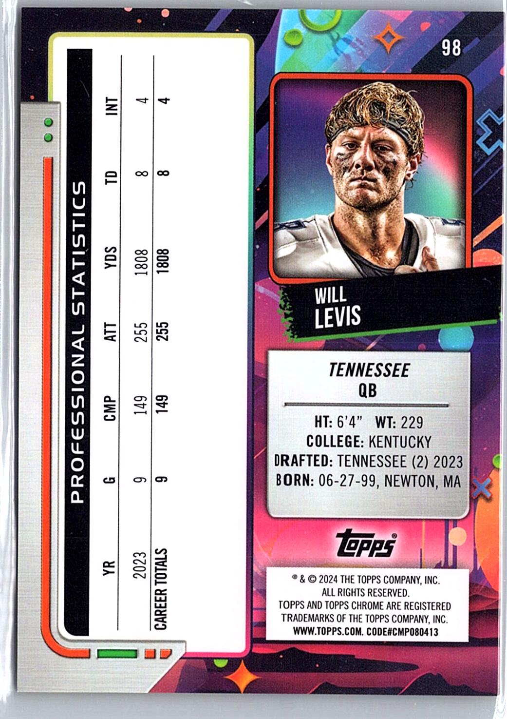 2024 Topps Chrome Cosmic #98 Will Levis Gold Interstellar Refractors #/50