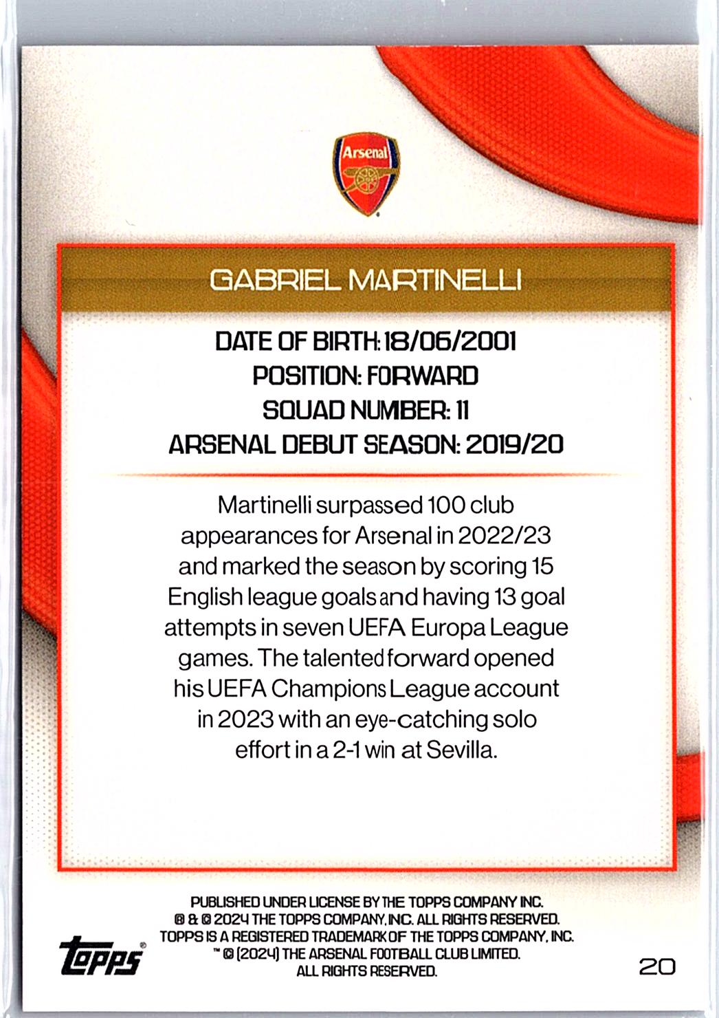 2023-24 Topps Arsenal Team Set #20 Gabriel Martinelli /5