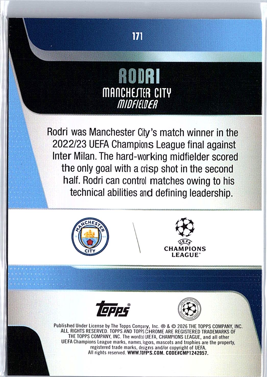 2025-26 Topps Chrome UEFA Club Competitions #171 Rodri Gold X-Fractor #/50