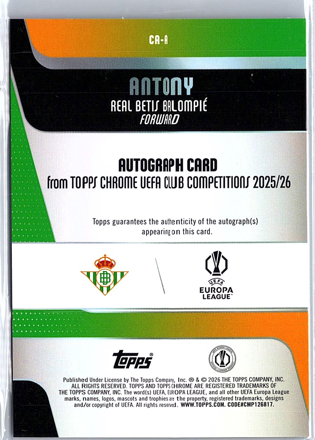 2025-26 Topps Chrome UEFA Club Competitions #CA-A Antony Chrome Autographs