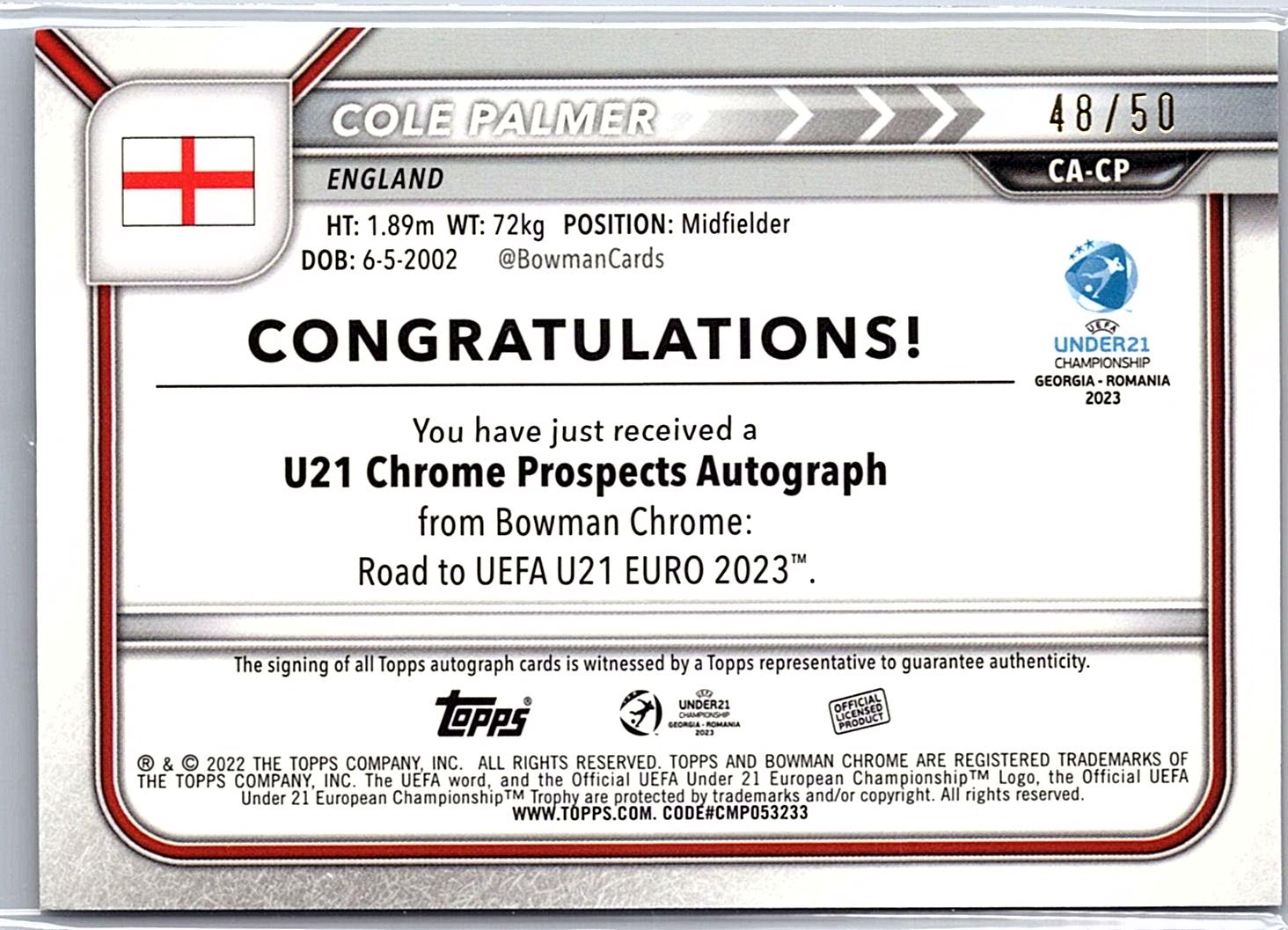#CA-CP Cole Palmer Under-21 Chrome Prospect Auto Gold Shimmer