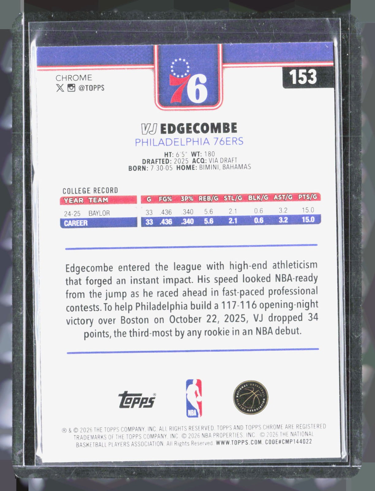2025-26 Topps Chrome Update VJ Edgecombe 153 Basketball Philadelphia 76ers