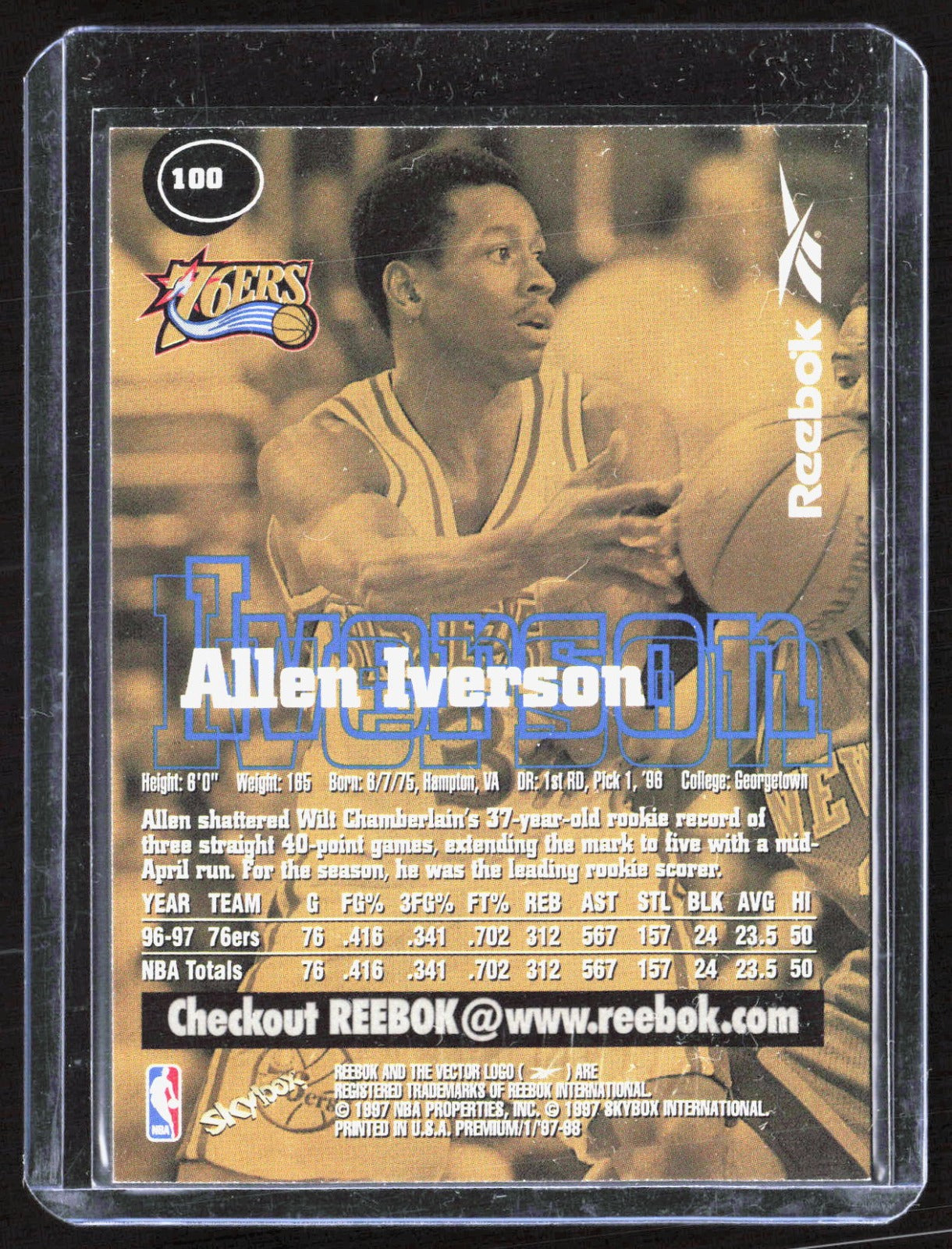 1997-98 SkyBox Premium Allen Iverson 100 Basketball Philadelphia 76ers (Back)