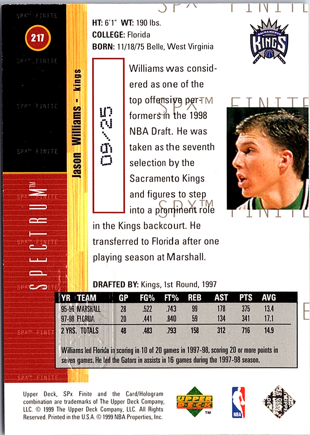 Jason Williams Upper Deck - 1998-99 SPx Finite Rookie Update Spectrum 217 LP (Back)
