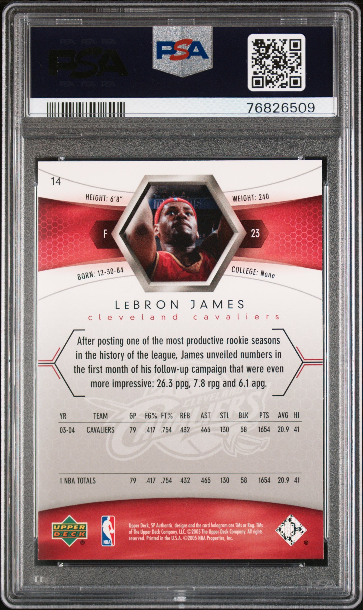 2004 Sp Authentic #14 Lebron James PSA 10