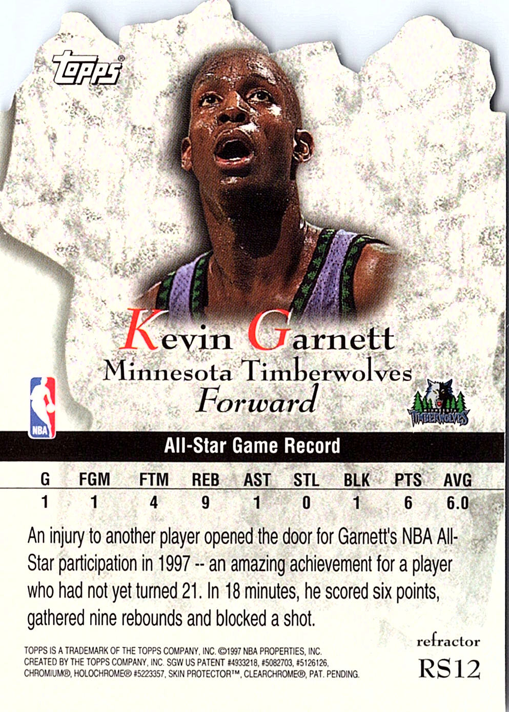 1997-98 Topps - Rock Stars Refractors Kevin Garnett RS12  Minnesota Timberwolves (Back)