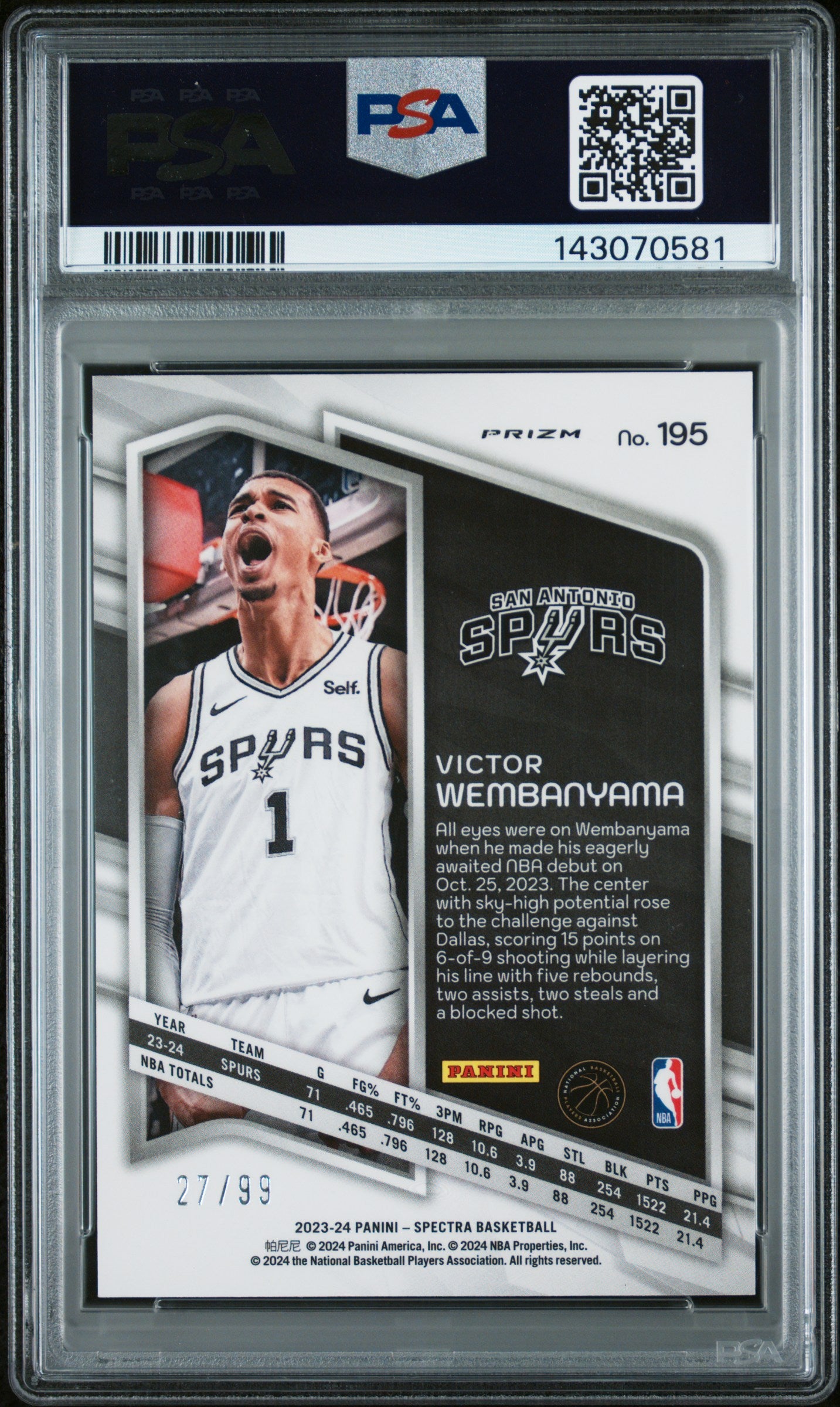 2023 Panini Spectra #195 Victor Wembanyama Interstellar PSA 9