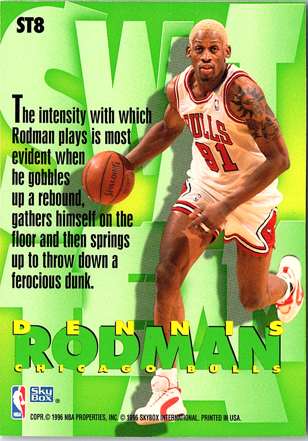 1996-97 SkyBox Z-Force - Swat Team Dennis Rodman ST8 Chicago Bulls (Back)