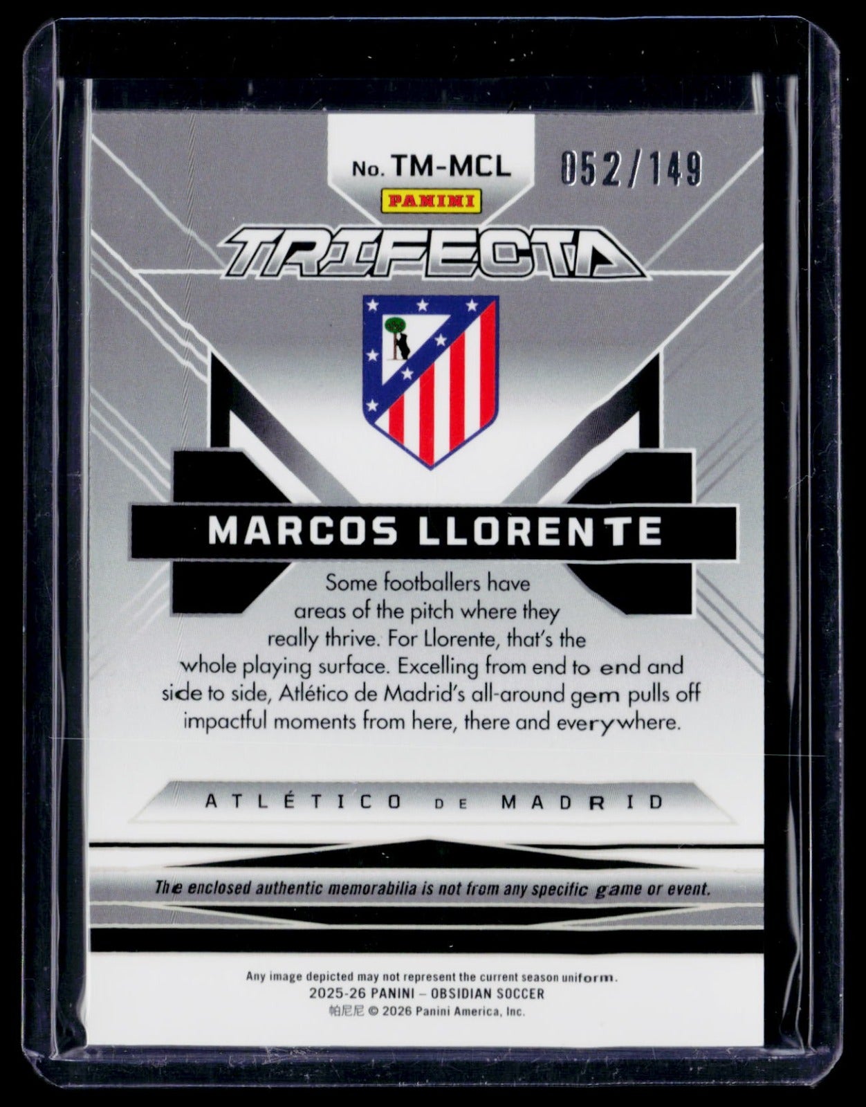 Marcos Llorente Panini Obsidian - Trifecta Material /149 TM-MCL NM