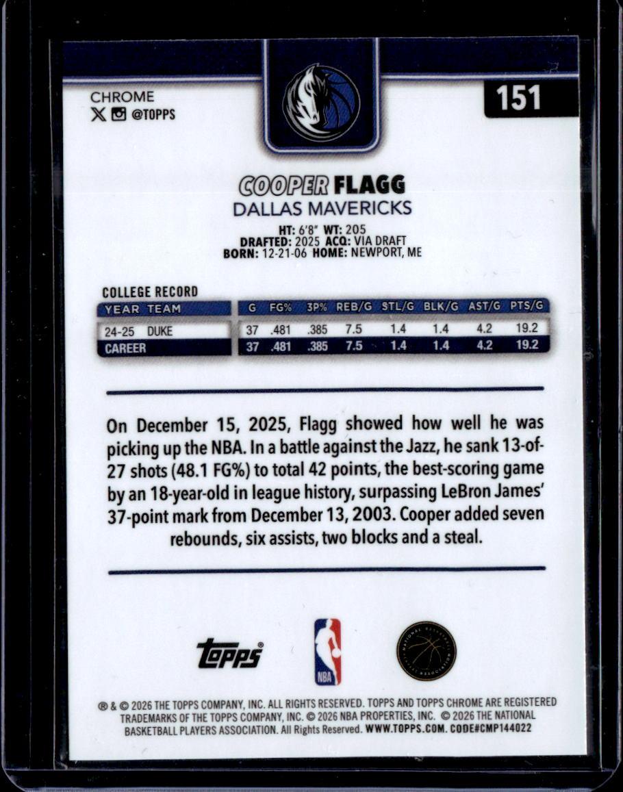 2025-26 Topps Chrome Update #151 Cooper Flagg