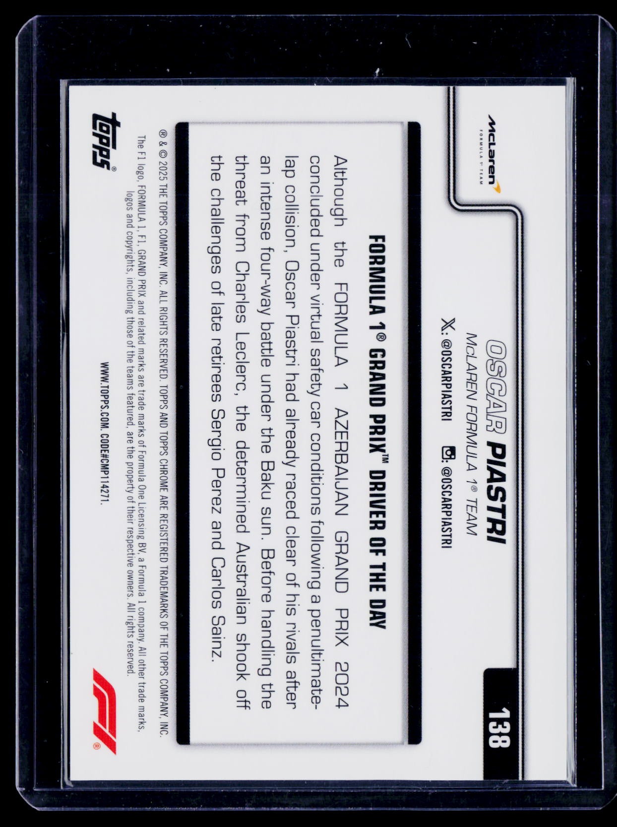 2025 Topps Chrome Sapphire Edition Formula 1 #138 Oscar Piastri Black & White Sapphire #/20