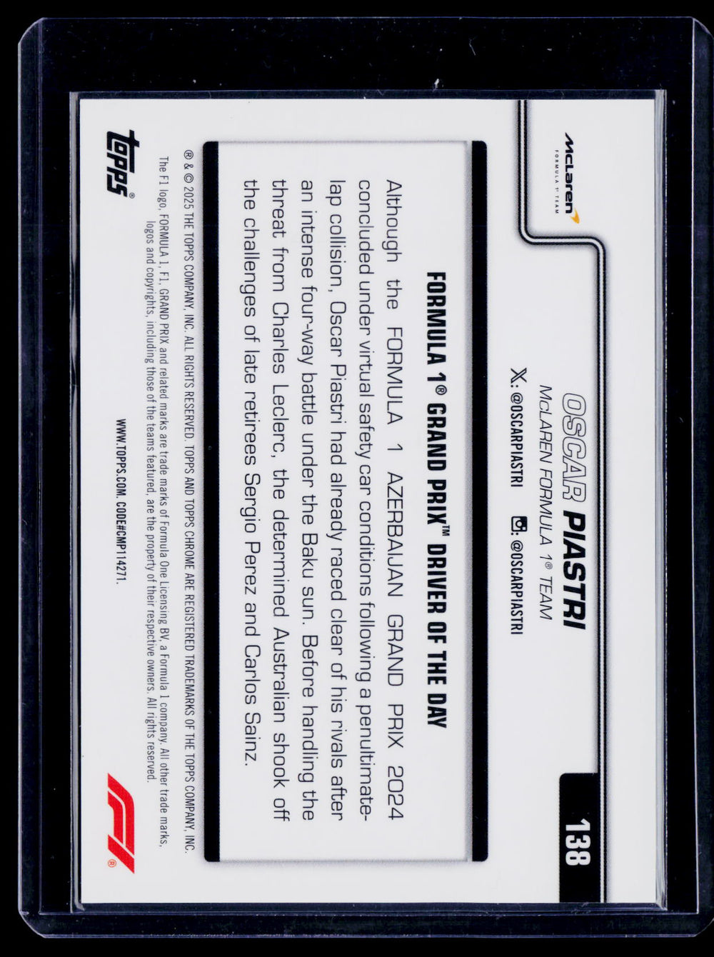 2025 Topps Chrome Sapphire Edition Formula 1 #138 Oscar Piastri Black & White Sapphire #/20