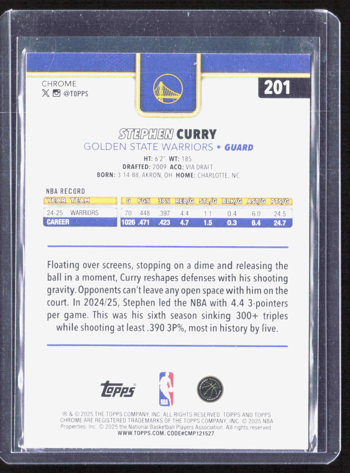 2025-26 Topps Chrome Stephen Curry 201 Basketball Golden State Warriors