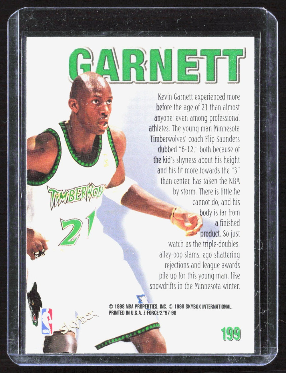 1997-98 SkyBox Z-Force Kevin Garnett 199 Basketball Minnesota Timberwolves (Back)