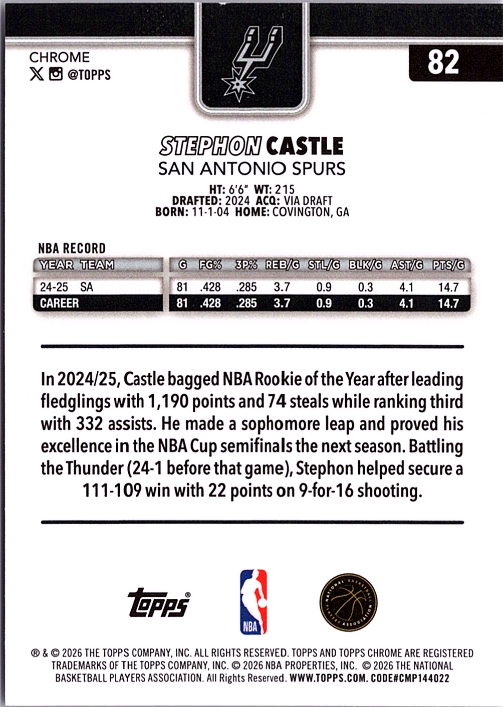 Stephon Castle Topps Chrome - Magenta Refractor /399 NM (Back)