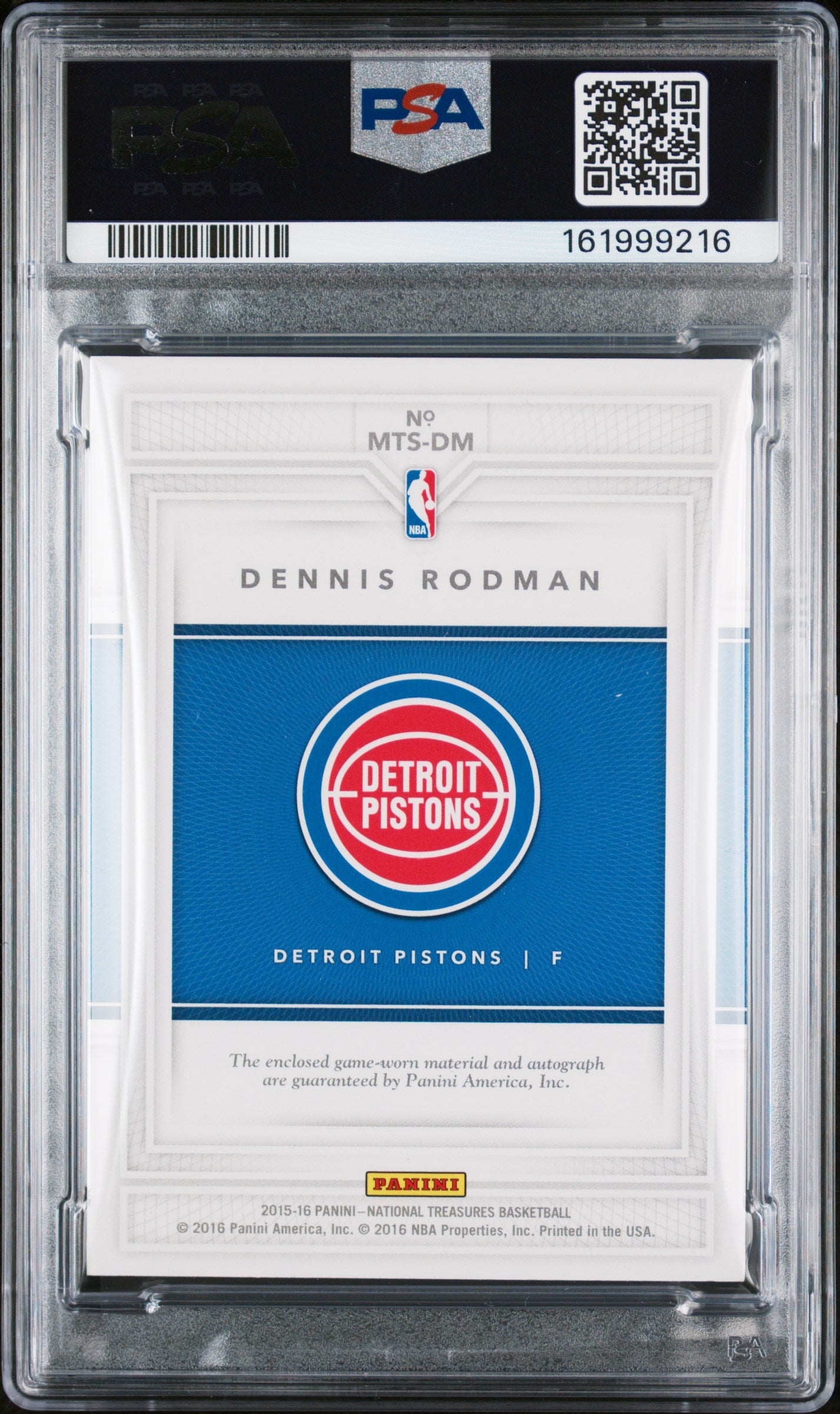2015 Panini National Treasures Material Treasures Signatures Dennis Rodman PSA 9