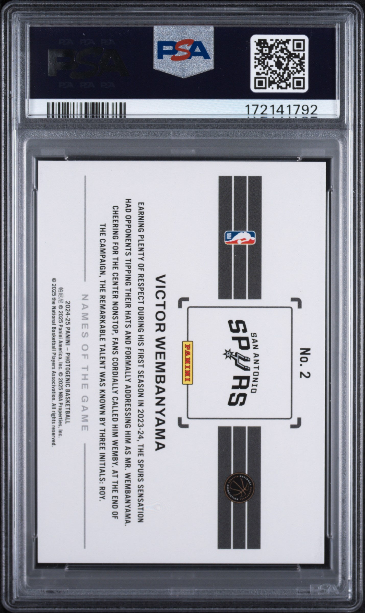 2024 Panini Photogenic Names Of The Game #2 Victor Wembanyama PSA 8